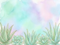 Watercolor succulents and aloe plants border on soft pastel mint, lavender, and pink background, perfect for cards and prints.
