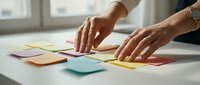 Professional woman organizing colorful sticky notes on white desk for project planning and workflow management in bright office environment.