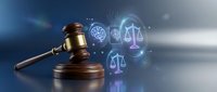 Wooden judge gavel with glowing digital justice scales and legal icons in futuristic blue light background for law technology concepts.