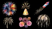 Watercolor fireworks clipart set with party hat and rocket, isolated on transparent background. Great for T-shirts, stickers, print on demand, and sublimation designs.