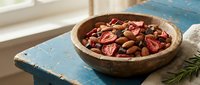 Wooden bowl filled with mixed nuts and dried cranberries on rustic blue table, healthy snacking and natural organic food ingredients for cooking.