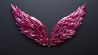 Pink metallic angel wings on dark background, glossy feathered pair with dramatic lighting effect creates mystical atmosphere. Isolated design element for creative projects.