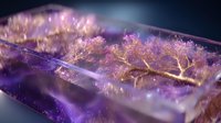 Delicate golden tree branches encased in purple resin with shimmering particles create ethereal depth effect on dark background, suitable for luxury product photography.