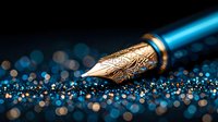 Ornate golden fountain pen nib on dark background with blue glitter bokeh lights creating magical writing atmosphere. Luxury stationery concept for creative writing.