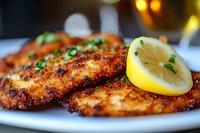Crispy breaded chicken cutlets garnished with fresh herbs and lemon slice on white plate, close-up view showing golden-brown crust and juicy texture.