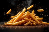 Golden crispy french fries with salt and spices falling and splashing against dark background, dramatic food photography with steam rising and seasoning dust.