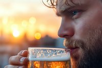 Bearded man drinking craft beer from glass at sunset with golden bokeh background, close up profile view of face and foam on beverage.