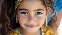 Young girl with curly dark hair and bright blue eyes wearing golden accessories and glitter makeup smiling at camera, artistic portrait with soft bokeh background.
