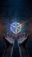 Hands reaching toward glowing geometric cube with neon light beams in cosmic space background for technology and innovation concepts.