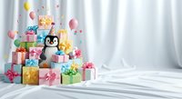 Penguin character surrounded by colorful wrapped gift boxes, balloons, and confetti on white background. Festive celebration scene for birthday, holiday, and party design projects.