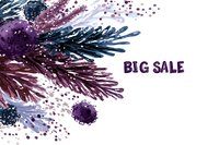 Watercolor winter sale banner with purple and blue pine branches, paint splatters and dots on white background for holiday marketing campaigns.