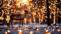 Majestic reindeer silhouette against glowing winter forest background with magical bokeh lights creating dreamy Christmas atmosphere in snowy evening landscape.