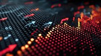 Digital stock market data visualization with glowing red and orange dots forming financial charts and graphs on dark textured background.