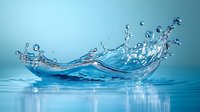 Dynamic water splash with curved shape and droplets creating elegant motion against turquoise background, reflection on calm surface shows natural fluidity and movement.