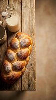 Fresh braided challah bread with sesame seeds on rustic wooden cutting board alongside milk bottle, warm bakery atmosphere for culinary projects.