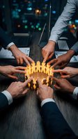 Team of businessmen arranging golden wooden figures in circle, symbolizing unity, collaboration and human resources management in corporate environment.