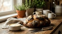 Artisan sourdough loaf with scoring marks displayed on wooden surface alongside butter, kitchen linens, and potted herbs near window for bakery, food styling, culinary content.