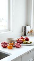 Fresh pomegranates and persimmons arranged on white kitchen counter near window for healthy cooking and nutrition concepts.