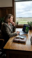 Middle-aged Caucasian businesswoman working on laptop at wooden desk by window overlooking rural farmland, thoughtful pose in professional blazer.