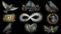 Hummingbirds and songbirds isolated on transparent background. Includes nests, feathers, and decorative foliage elements. Ready for t-shirt design, clipart, stickers, sublimation, and print-on-demand projects.