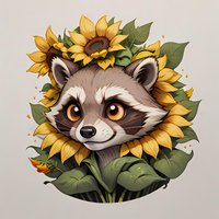 Adorable raccoon character peeking through bright sunflowers, artistic illustration with expressive eyes and detailed fur texture on neutral background.