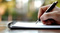 Close-up view of hand writing in notebook with black pen against blurred natural background, capturing moment of creativity and personal expression.