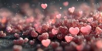 Romantic pink heart-shaped glitter scattered on dark surface with bokeh effect, creating dreamy Valentine's Day or love-themed background.