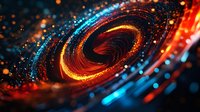 Swirling cosmic vortex with glowing orange and blue particles creating dynamic spiral motion against dark background, abstract space phenomenon visualization.