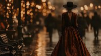 Mysterious woman in vintage dress and hat standing alone on rainy evening street with bokeh lights and reflections on wet pavement.