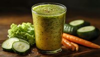 Fresh green vegetable smoothie with cucumber, carrots and leafy greens on wooden table. Healthy detox drink for wellness and nutrition lifestyle.