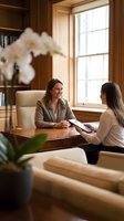 Two professional women having business meeting in modern office with wooden interior and natural lighting for corporate communication concepts.