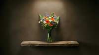 Vibrant mixed flower bouquet in glass vase on rustic wooden shelf against dark wall, featuring roses, gerberas and greenery for home decor and floral arrangements.