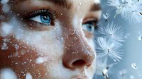 Close up view of bright blue eyes with freckles and snowflakes on face against winter background with floating dandelion seeds creating dreamy atmosphere.
