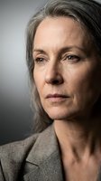 Middle-aged woman with gray hair wearing neutral blazer, studio portrait with soft lighting against gray background for corporate or professional use.