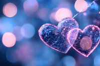 Glowing crystal hearts on string against blurred blue and pink bokeh background create romantic atmosphere for Valentine's Day celebrations and love themes.