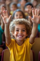 Young child with curly blonde hair wearing bright yellow shirt raises hands enthusiastically in classroom setting surrounded by other children with raised hands, expressing joy and engagement in educational environment.