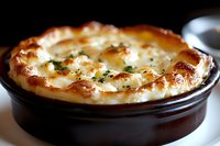 Creamy French onion soup topped with melted gruyere cheese and toasted bread in brown ceramic bowl, garnished with fresh herbs, close-up view with selective focus.