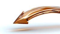 Metallic copper arrow curves downward on white background, featuring glossy reflective surface and dynamic movement, isolated design element for business presentations.