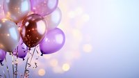 Festive balloons in purple, rose gold and silver colors against blurred bokeh background with magical sparkles and copy space for celebration design.