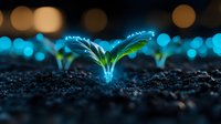 Glowing plant seedling emerging from dark soil with blue bioluminescent light effect, symbolizing growth, innovation and sustainable technology. Bokeh background.