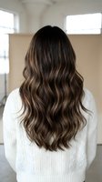 Young woman with long wavy brown hair and highlights wearing white sweater from behind in modern interior for hair salon and beauty concepts.