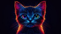 Mystical glowing cat face with neon blue and orange colors against dark background, featuring luminous eyes and detailed whiskers. Artistic digital pet portrait.