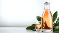 Glass bottle of pink beverage with small serving glass on minimalist white background with green leaves, for food and drink advertising.