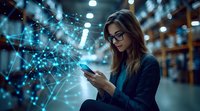 Young Caucasian businesswoman in glasses using smartphone in warehouse with glowing digital network overlay, representing connectivity and modern logistics solutions.