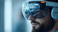 Young bearded man wearing modern augmented reality headset with holographic display, close-up view in blue technological atmosphere.