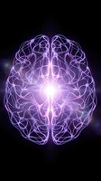 Glowing purple brain with electric neural pathways and bright central spark on dark background representing intelligence, creativity and mental power.