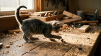 Tabby kitten playing in wooden workshop surrounded by tools, sawdust, and carpentry materials on floor. Young cat exploring construction environment.