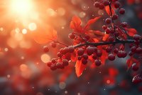 Red berries and autumn leaves on branch with magical bokeh light effect and warm sunset glow creating dreamy natural background for seasonal designs.