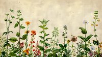Wildflowers and herbs silhouettes against light background, botanical garden composition with orange, blue and pink blooms, natural meadow plants arrangement.