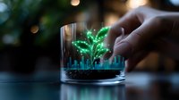 Glowing green holographic plant growing from digital chart bars in glass container, futuristic business growth concept visualization on dark background.